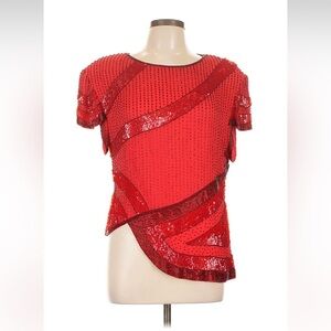 VTG Red Silk Beaded Sequin Short Slv Top L Glam 80 90 Hollywood Sexy Oleg Cassin